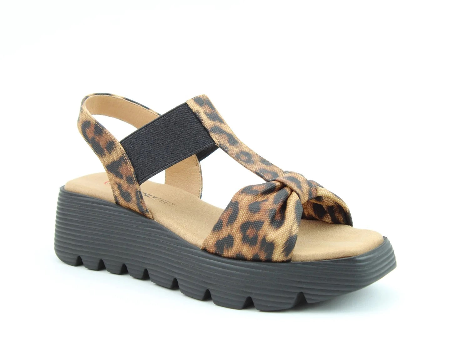 Leopard print sandal with a black strap and sole on a white background