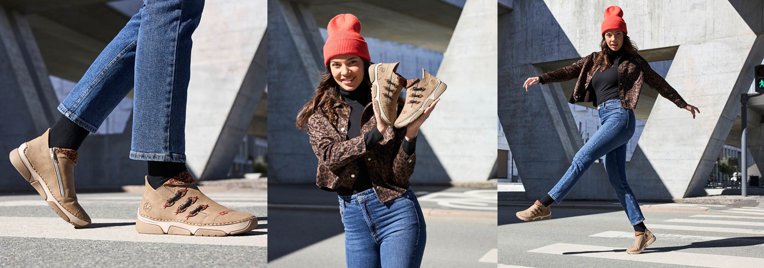 Three images showing a person wearing brown boots, blue jeans, and a red beanie in an urban setting.