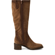 Brown knee-high boot on a white background