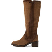 Brown knee-high boot on a white background