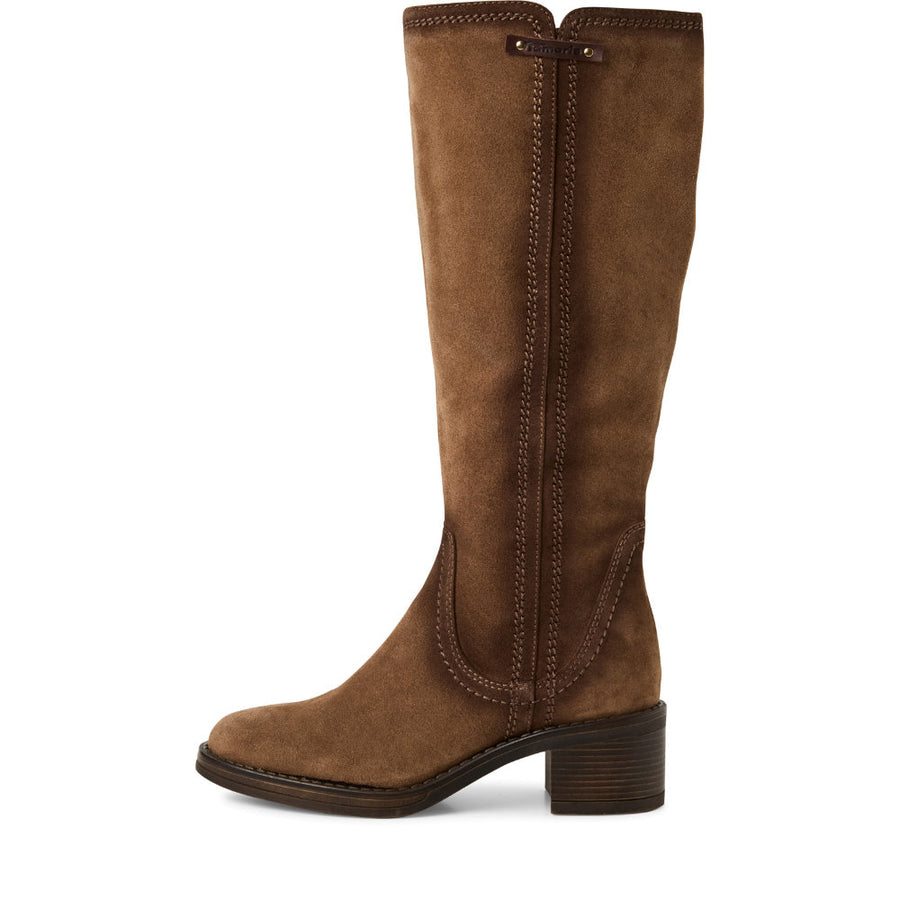 Brown knee-high boot on a white background