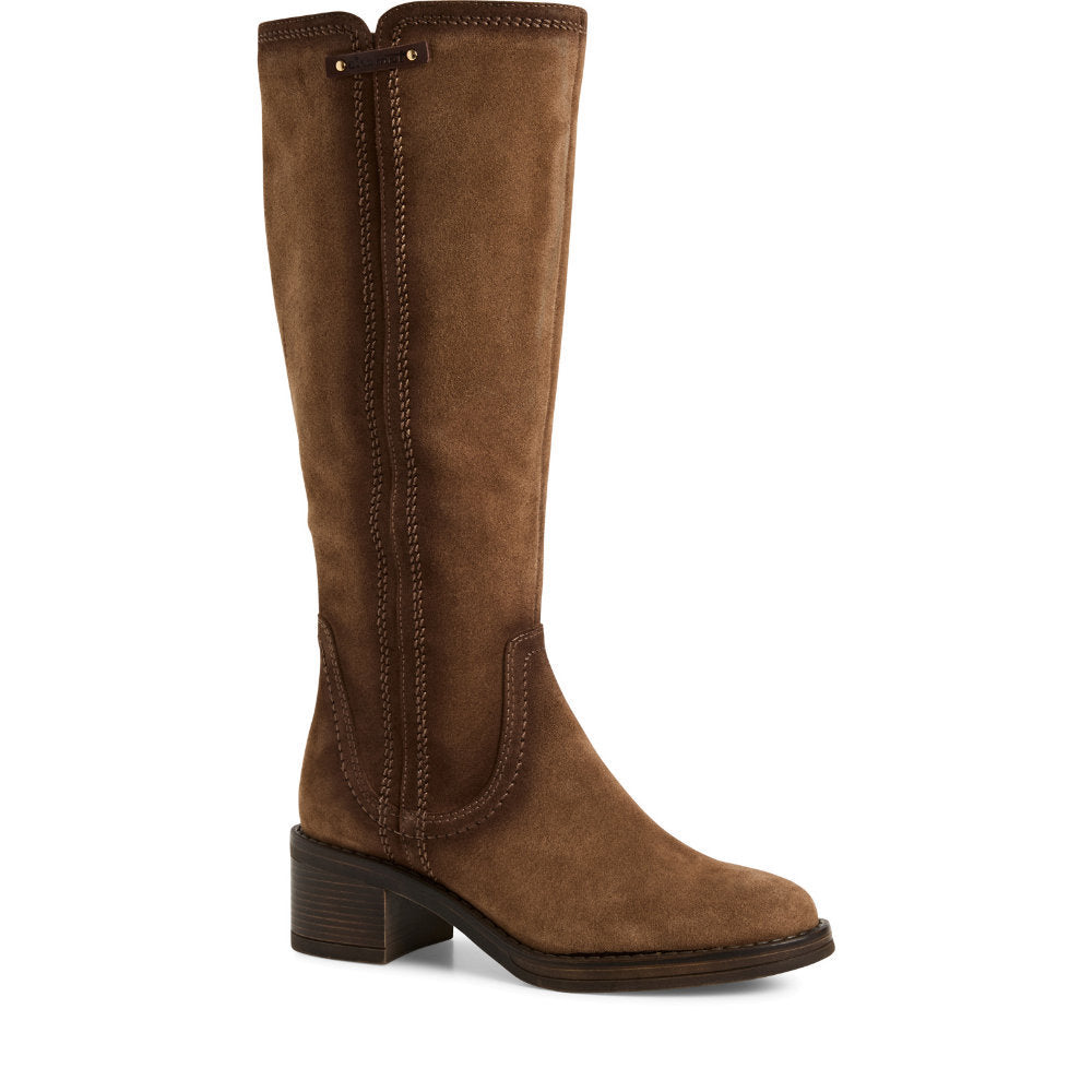 Brown suede knee-high boot with block heel on a white background