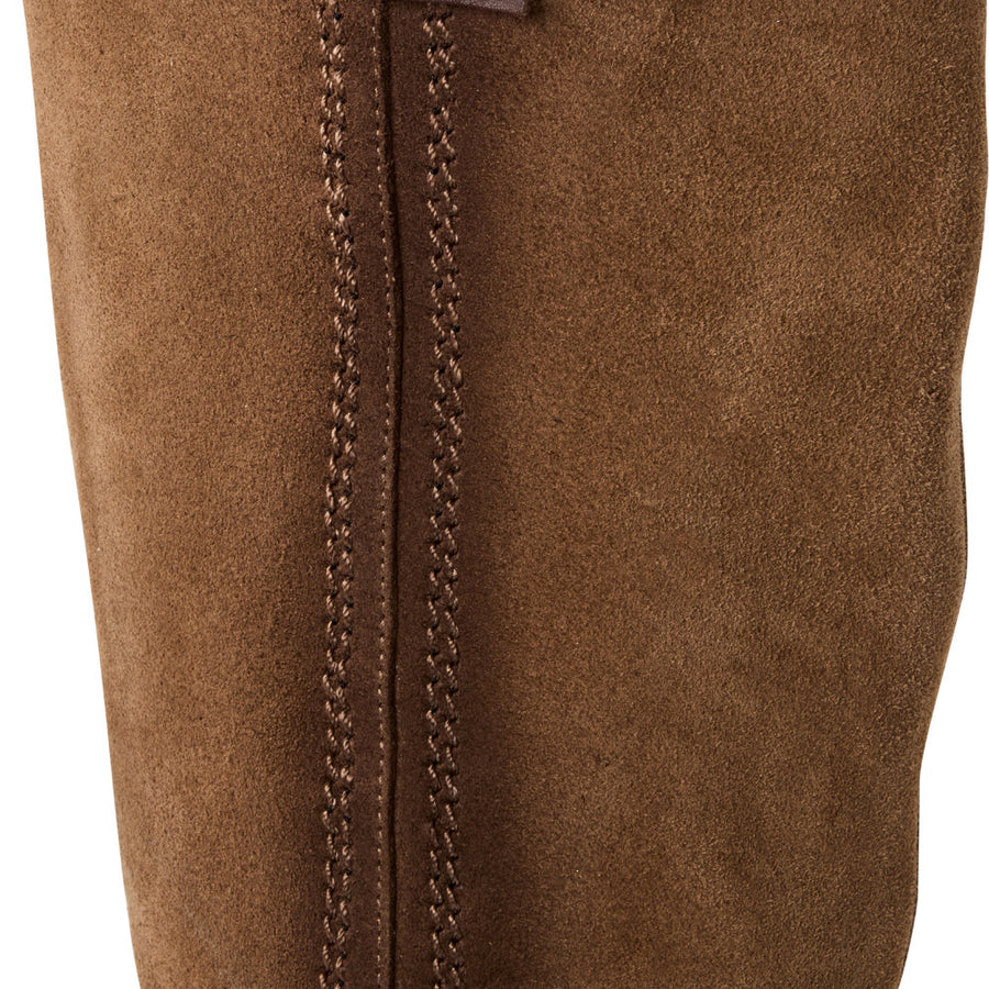 Close-up of brown suede boot with stitching detail on a white background