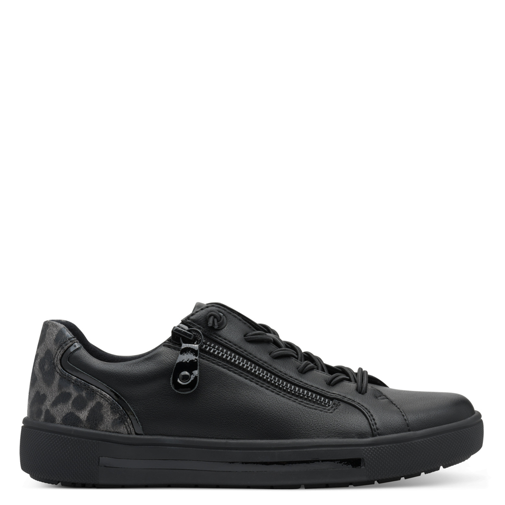 Black Jana ladies' sneaker with a leopard print accent on a white background
