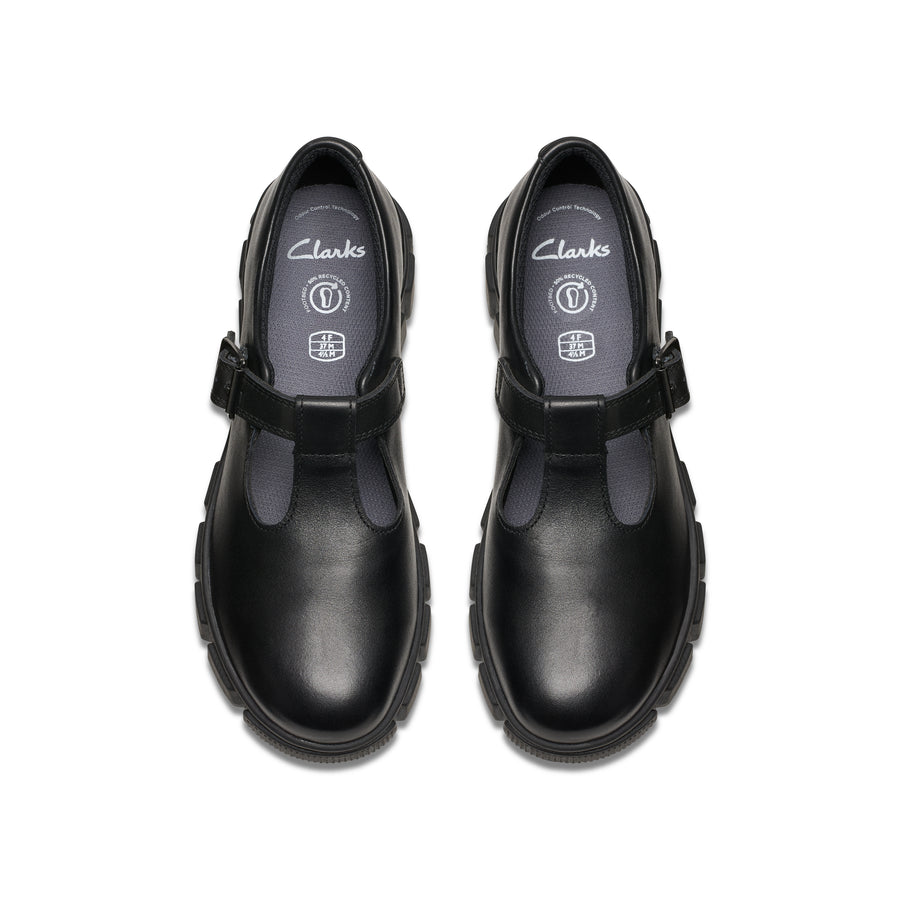 Clarks Evyn Bar Y School Shoe-Black Lea G