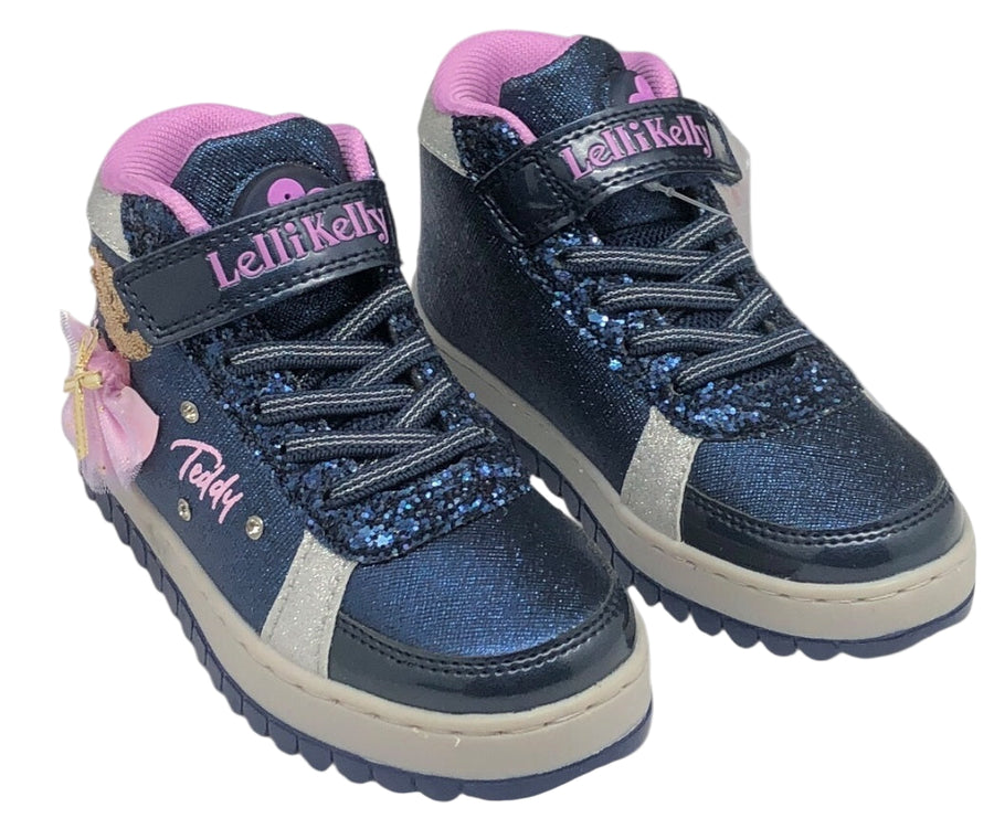 Pair of blue glittery hi top sneakers with pink accents and 'Lelli Kelly' branding on a white background.