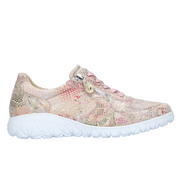 Multicolored sneaker with a white sole on a white background