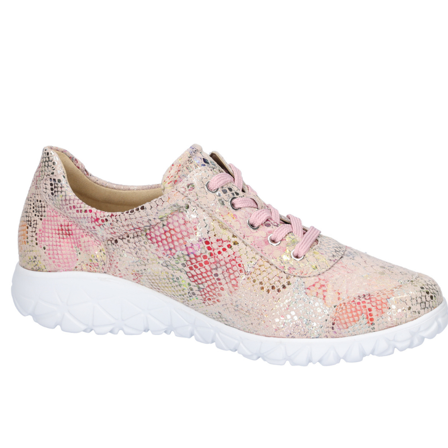Multicolored sneaker with pink laces on a white background