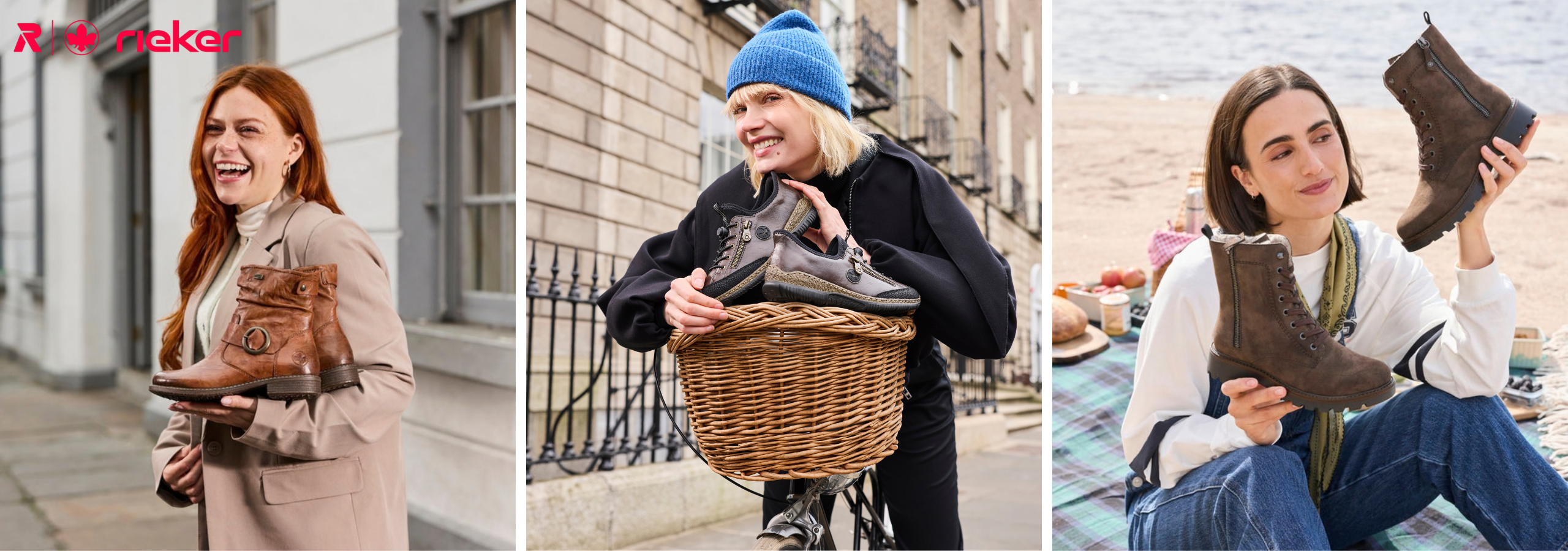 Three women outdoors each hold and model a brown suede boot, shown in a lifestyle collage with buildings, a basket, and a beach setting. The brand name 'UK maker' appears in the top-left corner.