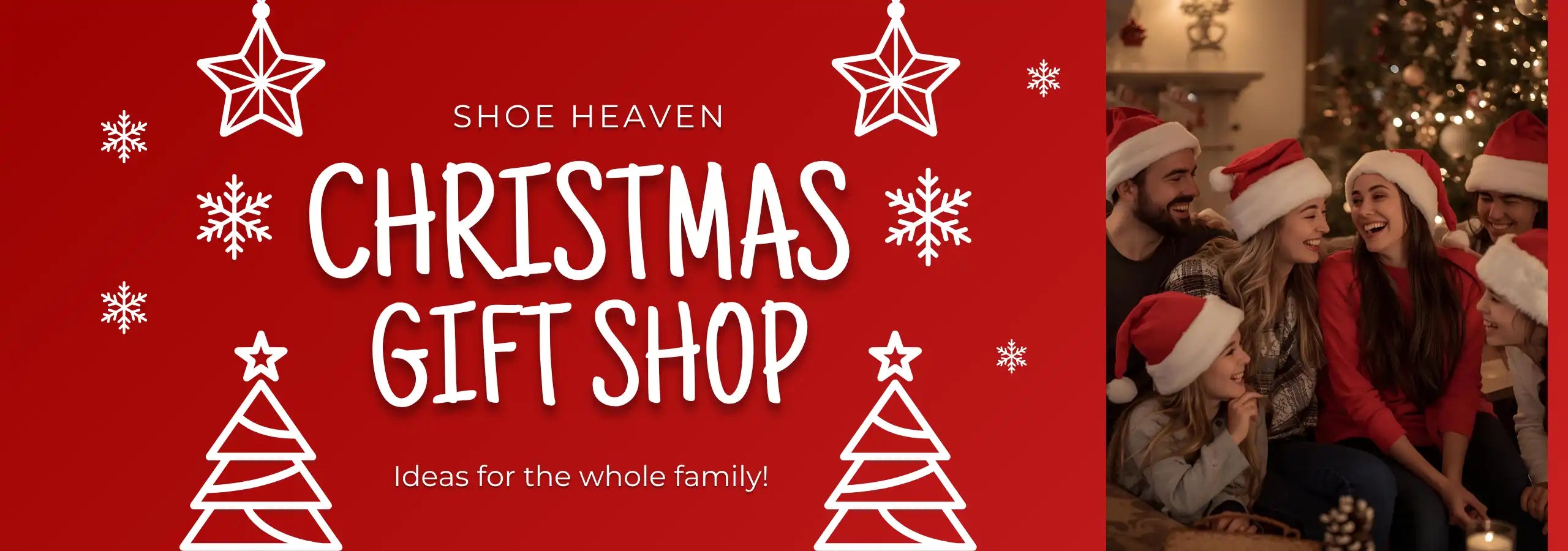 Promotional banner for 'Shoe Heaven Christmas Gift Shop' with text and decorative elements on a red background.