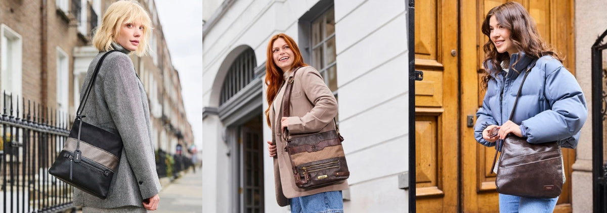 A three-panel lifestyle collage showing a woman wearing a brown vintage-patterned shoulder bag in different outdoor street settings: a gray brick street, a cream-colored building, and a wooden door.