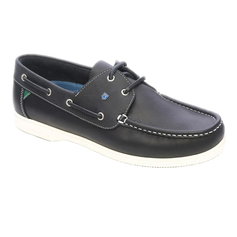 dark navy leather boat shoe with white sole on white background