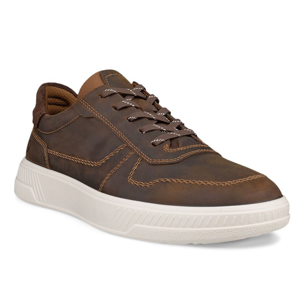 Brown leather sneaker with white sole on a white background