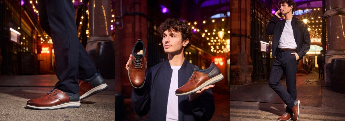 A man in three different poses - featuring brown leather shoes