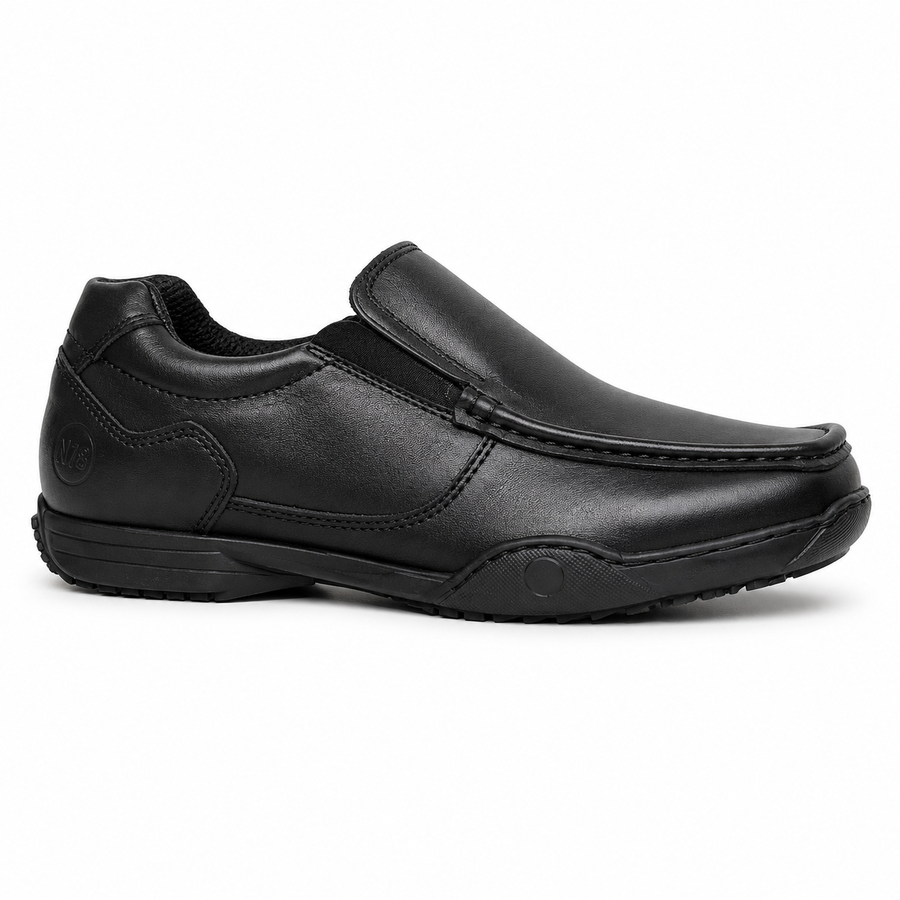 boys slip on black leather shoe with stiching and elasticated insert.