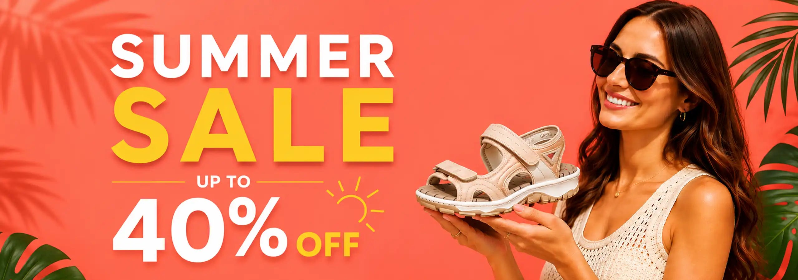Woman holding sandals with 'Summer Sale up to 40%' text on an orange red background