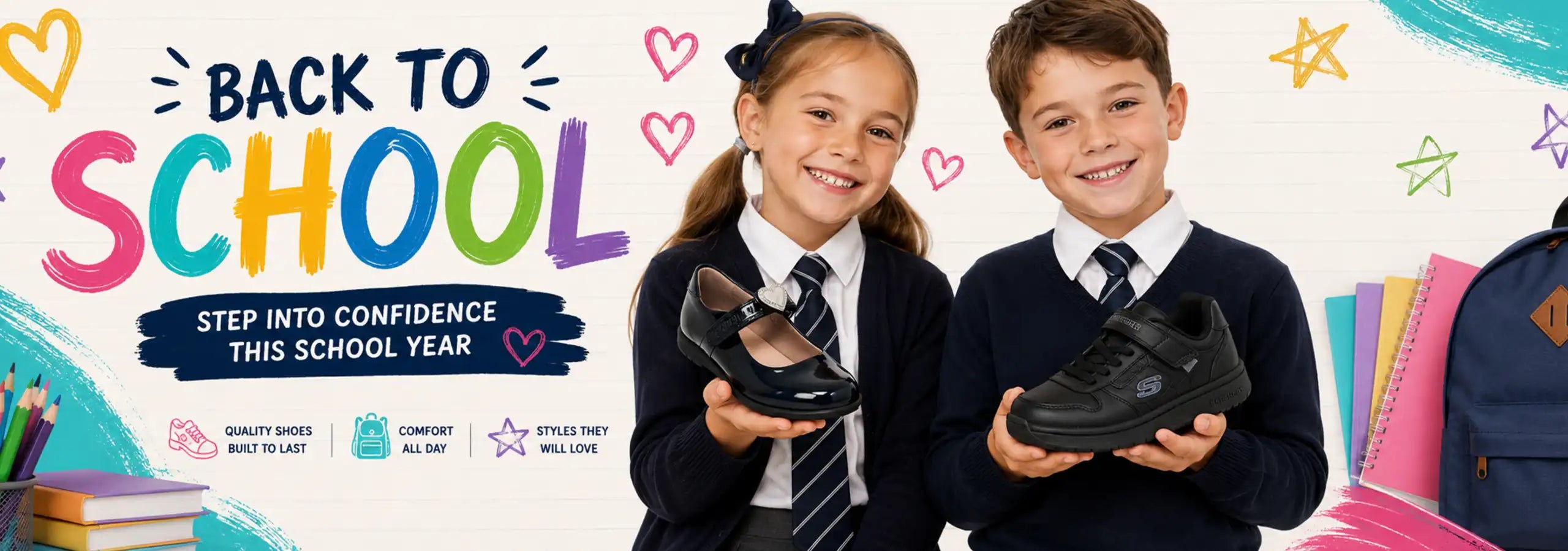 Two children in school uniforms holding black shoes, with a colorful 'Back to School' promotional banner in the background featuring books, backpacks, and school supplies.