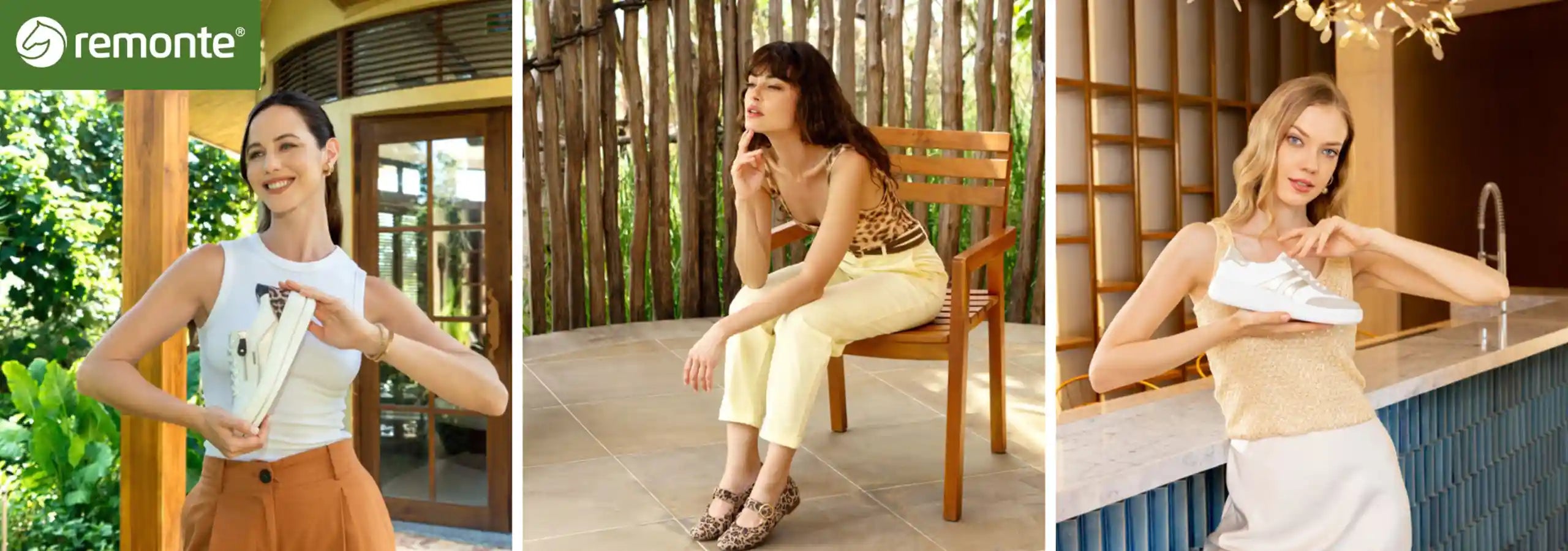 Three women wearing white tops with different outfits in various settings.