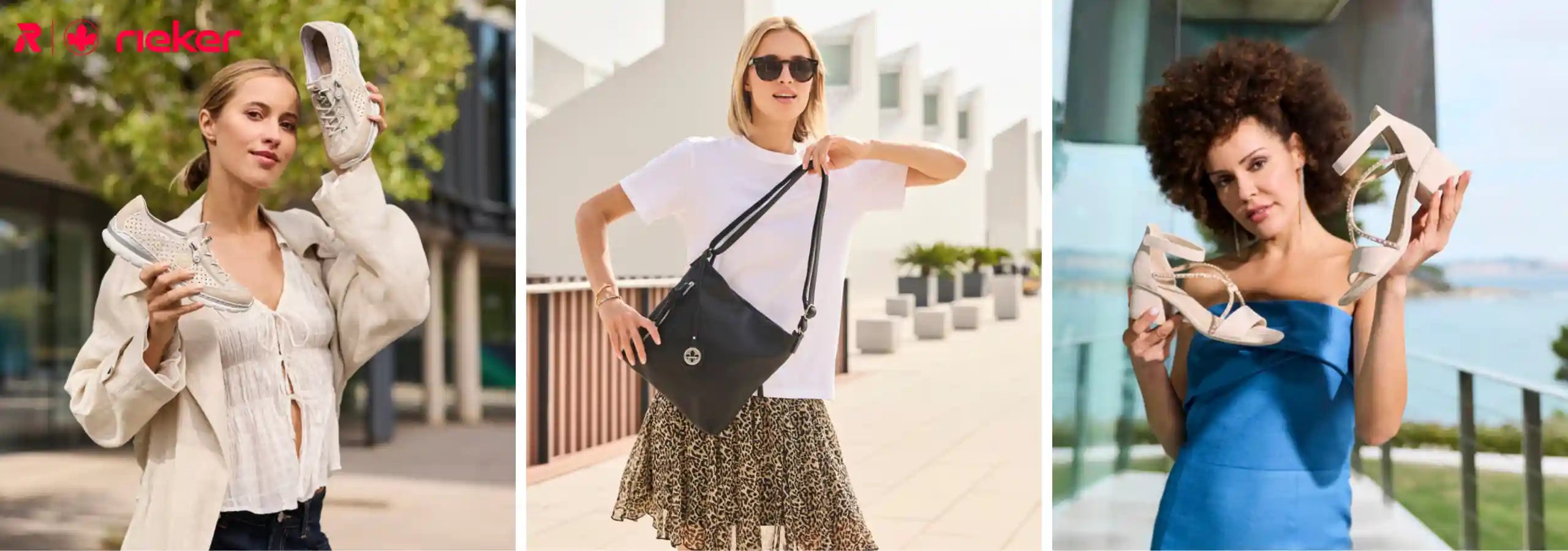 Three women showcasing different styles of shoes in various settings.