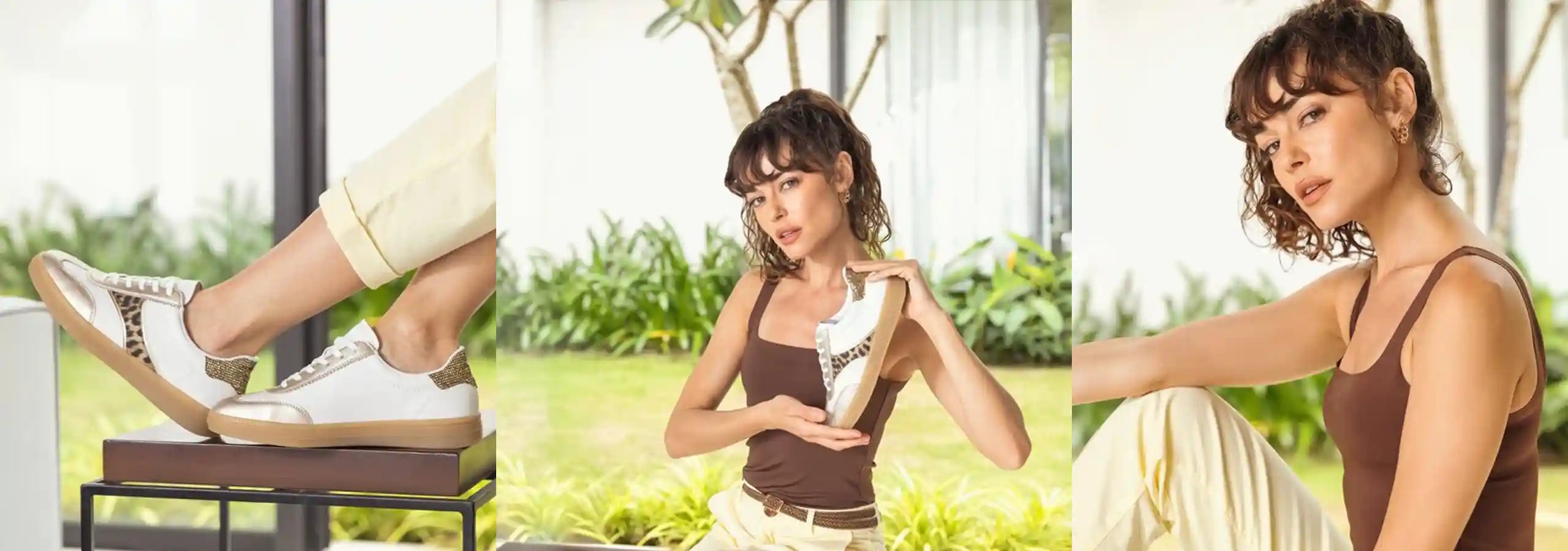 Woman in a brown dress sitting outdoors with a white bag, surrounded by nature.